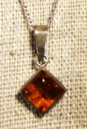 Sterling Silver Chain Necklace W Sterling Silver Amber Pendant