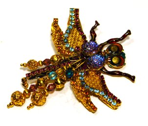 Large Dragonfly Rhinestone Brooch Signed By LUNCH AT THE RITZ