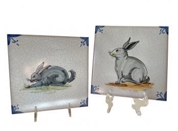 2 Bunny Rabbit Handpainted Red Clay 6' Tiles Made In Spain