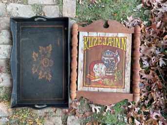 A PAINTED INN SIGN AND A HITCHCOCK STYLE TRAY