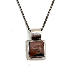 Vintage Italian Sterling Silver Chain With Brown Inlay Stone Pendant