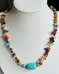 VINTAGE SIGNED ATI MULTI GEMSTONE AND FAUX TURQUOISE NUGGET NECKLACE