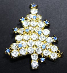 Signed ATTRUIA Rhinestone Christmas Tree White & Blue (missing One Tiny Stone)