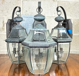 A Trio Of Vintage Copper And Beveled Glass Outdoor Sconces