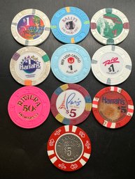 10 Miscellaneous Casino Chips .50 Cents, $1, $5