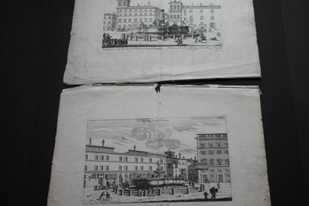 Set Of 2 Antique Etching Prints Of The Piazza De Colonna In Rome & The Fountain In The Piazza Navona
