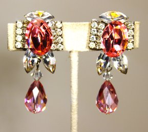 Vintage 1980s Rhinestone Clip Pink And White Clip Earrings