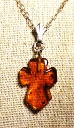 Sterling Silver 24' Long Chain Necklace Having Genuine Amber Cross Pendant