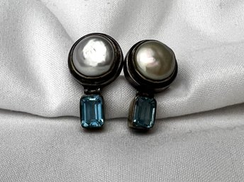 Pair Of Sterling, Pearl & Aquamarine Earrings