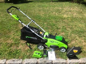 Like New GREENWORKS 40V Lithium Battery Powered Lawnmower - Used Handful Of Times With Charger, Battery & Book