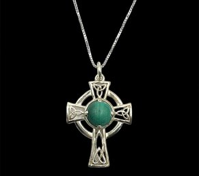 Vintage Irish Sterling Silver Malachite Cross Necklace