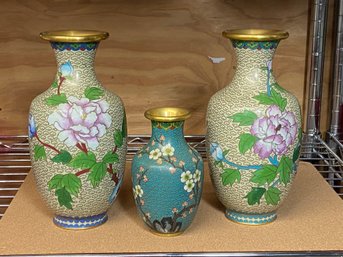 3 Brass Cloisonne Vases: 2 White With Floral Peony 8' And Teal With Cherry Blossoms 5'