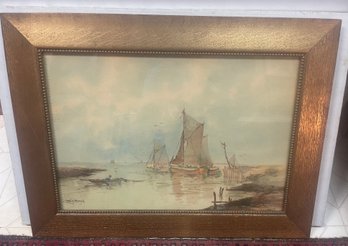 19th Century Watercolor  Painting   By Listed Artist R.Hills Bemish Ct Or Long Island Shore Scene 1890