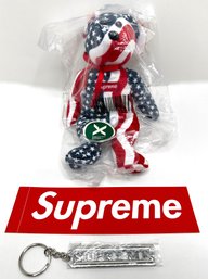 New Supreme Ty Beanie Baby Flag Bear, Supreme Key Chain & Supreme Sticker, Rare