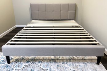 A Modern Queen Bedstead In Grey Linen