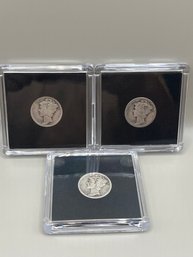 3 Beautiful Mercury Dimes In Plastic Cases