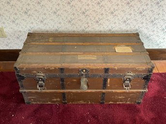 Nice And Clean Antique Trunk With Wood Trim And Iron Hardware