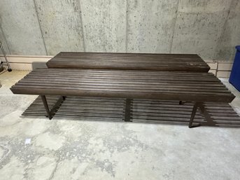 Set Of 2 Mid Century Modern Wooden Slat  Benches