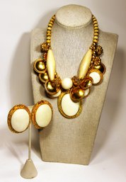 1980s Large Bone And Gold Tone Gilt Necklace And Clip Earrings