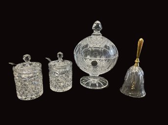 Four Crystal Pieces With Cristal D'Arques Lidded Candy Dish-Two Sugar With Lids & Spoons-bell W Clover