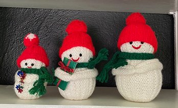 Trio Of Vintage Hand Crochet Snowman Figurines.