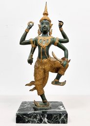 A Hand Made Bronze And Gilt Vishnu Sculpture On Marble Base From Thailand