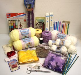 Mixed Lot Of New Knitting & Crochet Yarn With Tools, Sewing Kit, Feathers, Thimble And More