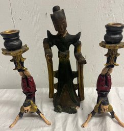Two Candlesticks And Terra Cotta Figure