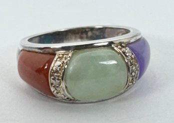 DESIGNER MULTI COLOR JADE AND DIAMOND STERLING SILVER RING