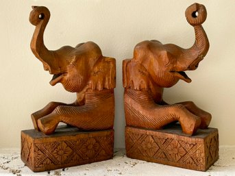 A Pair Of Carved Elephant Bookends