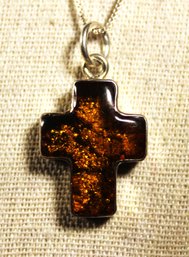 Fine Sterling Silver Chain 18' Long Having Wide Genuine Amber Cross Pendant