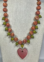 Vintage Bakelite Plastic Beaded Necklace Carved Beads And Heart Pendant 18' Long