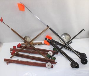 Ice Fishing Tilt / Tip Up Lot 5  Vintage Wood And 3 Plastic