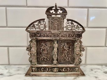 Fabulous Antique Dutch Silver Tea Caddy In The Form Of An Armoire Deux Corps Circa 1891