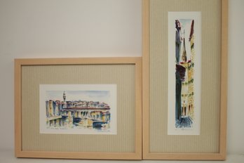 Set Of 2 Watercolor Paintings Of Italian Scenes Signed By The Artist Delia