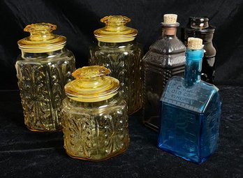 Smith Glass Imperial Atterbury Scroll Harvest Gold Amber Canisters And Misc Colored Glass Jars