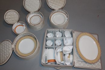 6 Setting Plus Servers And Tea Set Royal Porcelain Montana Pattern In Tan Cases