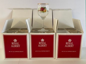 NIB Royal Albert Old Country Roses Lot Of 12 (3 Sets Of 4) All Purpose Goblets Gold Rim 7' Tall