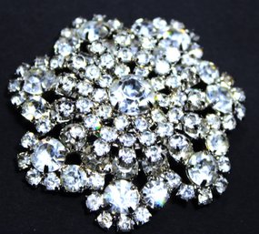 Vintage Large Rhodium Plated White Rhinestone Round Brooch