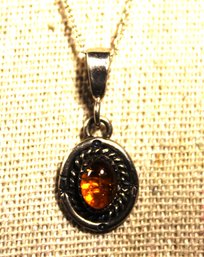 Fine Sterling Silver 18' Long And Genuine Amber Drop Pendant