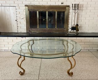 Large Mid Century Scalloped Glass Coffee Table  With Gilded Wrought Iron Base