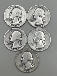 5 Beautiful 1943 Silver Washington Quarters