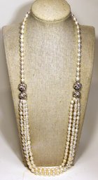 Very Fine Genuine Cultured Pearl Necklace Having Rhinestones And Silver Clasp