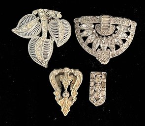 1920's - 30's Art Deco  Lot Of 4 Clear Rhinestone Dress Clips  Read Description For Measurements