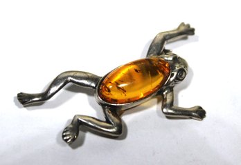 Fine Sterling Silver And Genuine Amber Brooch Of A Frog