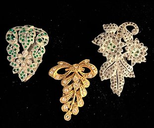 1920-30's Lot Of 3 Dress Clips 1 Gold Tone, 2 Green & White Rhinestone & Marcasite - 1 Marked ( READ DESC)