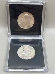 2 Beautiful 1964 And 1964-D Uncirculated Silver Washington Quarters In Plastic Cases