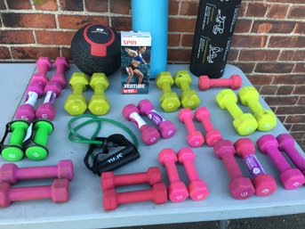 Amazing Fitness / Gym / Workout Lot - Medicine Ball - Over 75 Pounds Of Free Weights - Resistance Band & More
