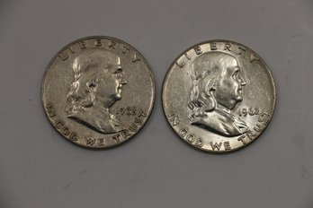 2 Ben Franklin Silver Half Dollar Coin 1962 1963 D