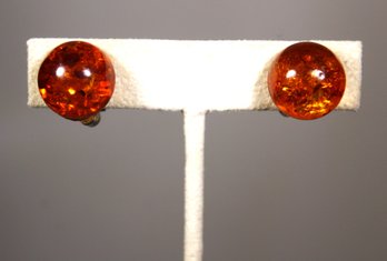 Go0ld Over Sterling Silver Genuine Amber Cabochon Stone Clip Earrings